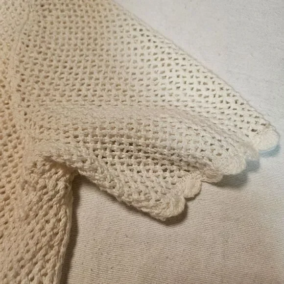Sag Harbor L Crochet Knit Cardigan Scalloped Trim Cream Ivory Cottagecore Boho - Picture 3 of 11